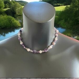Natural Purple Amethyst Beaded Single Strand Necklace 22" Clear White VG
